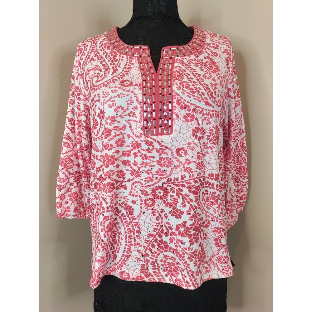 Cathy Daniels Petites Coral Pattern Embellish Neckline 3/4 Sleeve Stretch Top PL